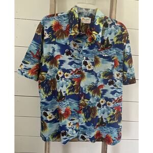 Aloha Men’s Hawaiian Shirt Blue Print Short Sleeve Button Up XL